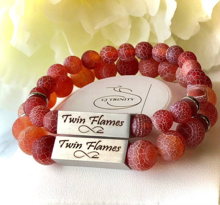 'TWIN FLAMES'- Red Crackle Fire Agate Bracelet Set-Valentines Day-Couples Bracelets-Choice of Color