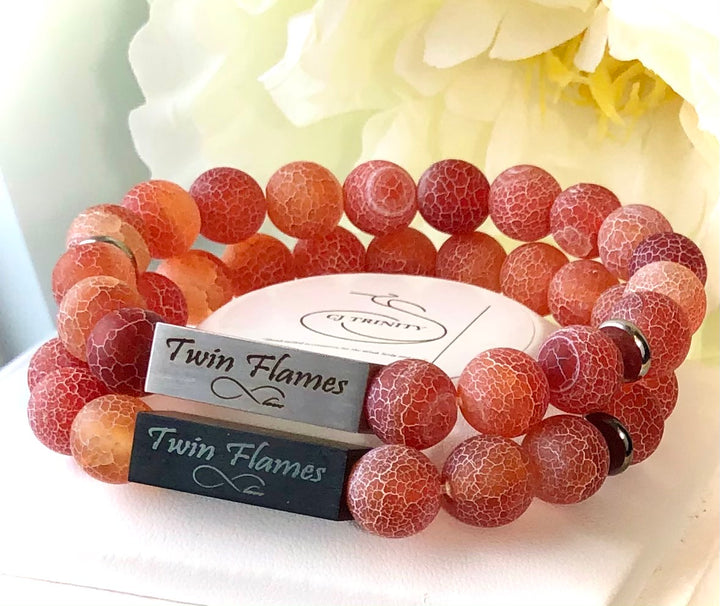 'TWIN FLAMES'- Red Crackle Fire Agate Bracelet Set-Valentines Day-Couples Bracelets-Choice of Color