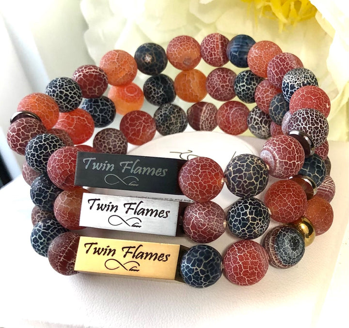 'TWIN FLAMES' - Red & Black Multi-tone -Crackle Fire Agate- Bracelet Set- Valentines Day-Couples Bracelets- Choice of Accent Color