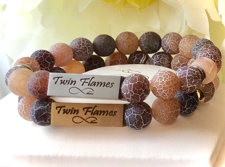 'TWIN FLAMES' - Brown & Beige Multi-tone Crackle Fire Agate- Bracelet Set- Valentines Day- Couples Bracelets- Choice of Color