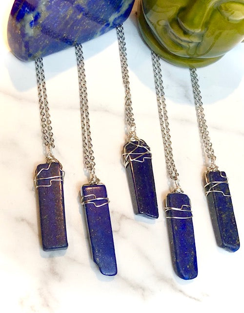 Rectangular Unisex LAPIS LAZULI- Silver Wire-Wrapped Pendant Necklaces-Stainless Steel Chain- Choice of Style