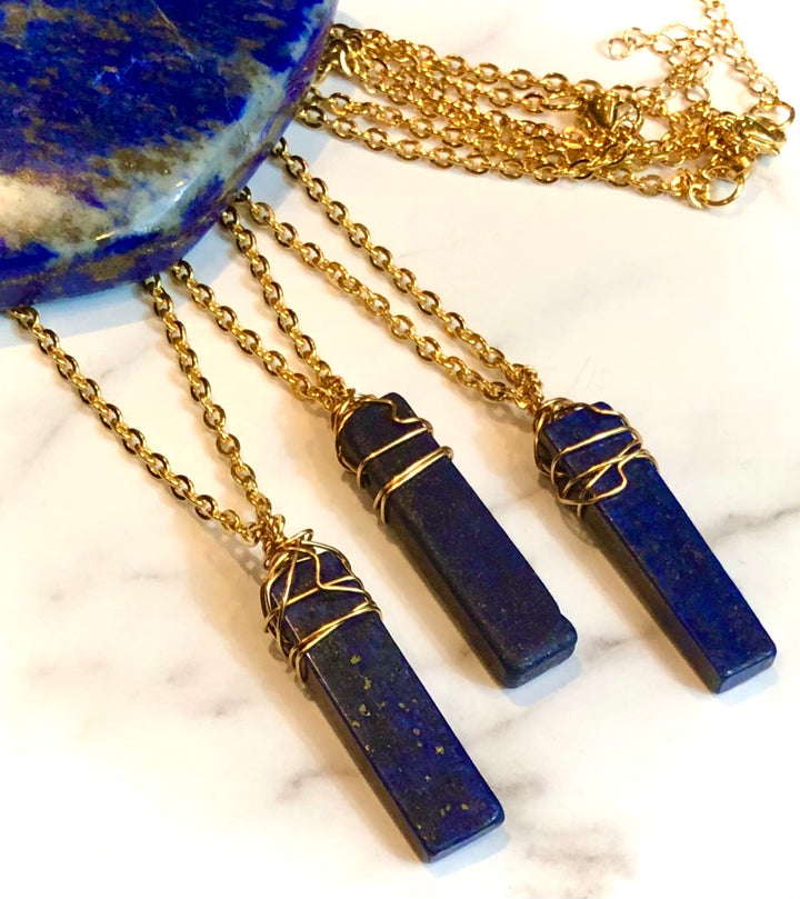 Rectangular Unisex- LAPIS LAZULI- GOLD-TONED- Wire-Wrapped Pendant Necklace-Stainless Steel Chain- Choice of Style