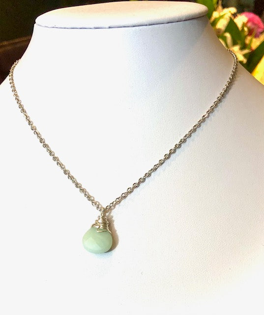 Faceted AMAZONITE Briolette Pendant Necklace- Wire-Wrapped Teardrop Necklace- Stainless Steel Chain