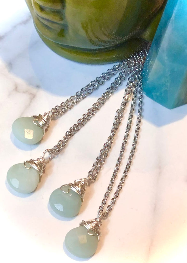 Faceted AMAZONITE Briolette Pendant Necklace- Wire-Wrapped Teardrop Necklace- Stainless Steel Chain