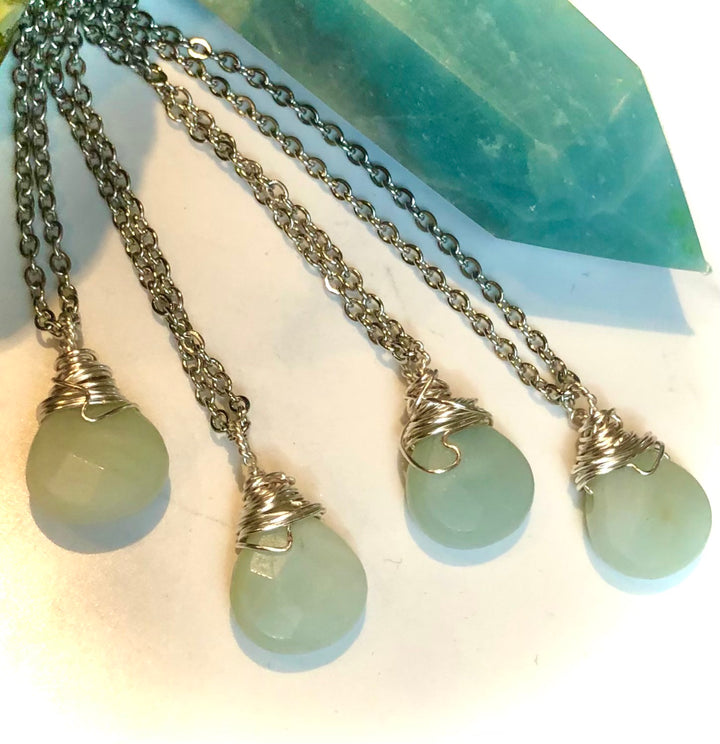 Faceted AMAZONITE Briolette Pendant Necklace- Wire-Wrapped Teardrop Necklace- Stainless Steel Chain