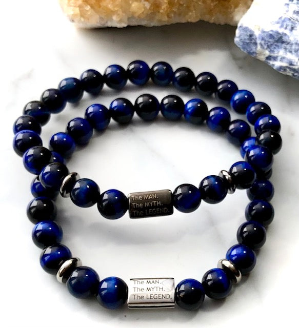 'The MAN, The MYTH, The LEGEND' Men's Gemstone & Stainless Steel Bracelet-Blue Tiger's Eye/Snowflake Obsidian- Choice of Color