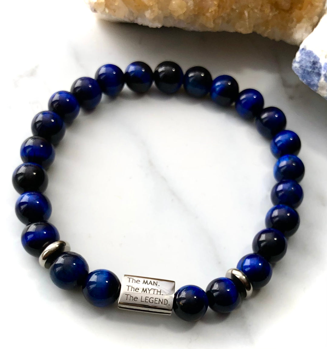 'The MAN, The MYTH, The LEGEND' Men's Gemstone & Stainless Steel Bracelet-Blue Tiger's Eye/Snowflake Obsidian- Choice of Color