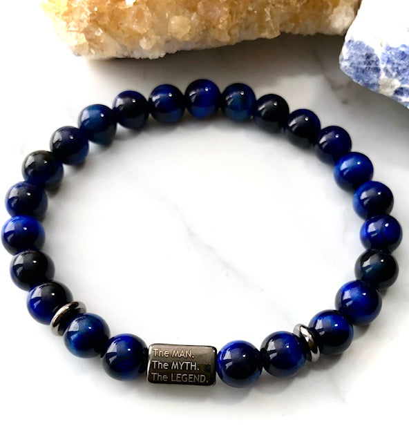 'The MAN, The MYTH, The LEGEND' Men's Gemstone & Stainless Steel Bracelet-Blue Tiger's Eye/Snowflake Obsidian- Choice of Color