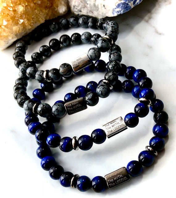 'The MAN, The MYTH, The LEGEND' Men's Gemstone & Stainless Steel Bracelet-Blue Tiger's Eye/Snowflake Obsidian- Choice of Color