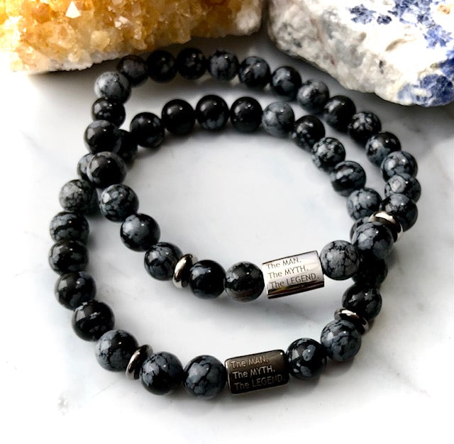 'The MAN, The MYTH, The LEGEND' Men's Gemstone & Stainless Steel Bracelet-Blue Tiger's Eye/Snowflake Obsidian- Choice of Color