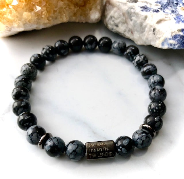 'The MAN, The MYTH, The LEGEND' Men's Gemstone & Stainless Steel Bracelet-Blue Tiger's Eye/Snowflake Obsidian- Choice of Color