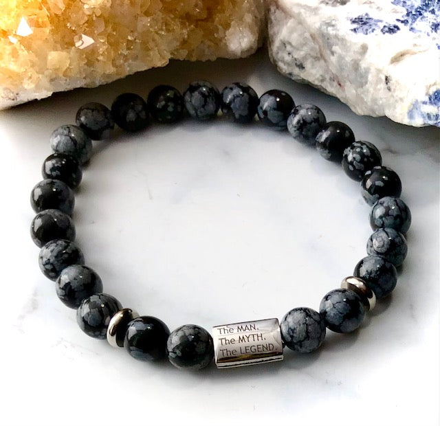 'The MAN, The MYTH, The LEGEND' Men's Gemstone & Stainless Steel Bracelet-Blue Tiger's Eye/Snowflake Obsidian- Choice of Color