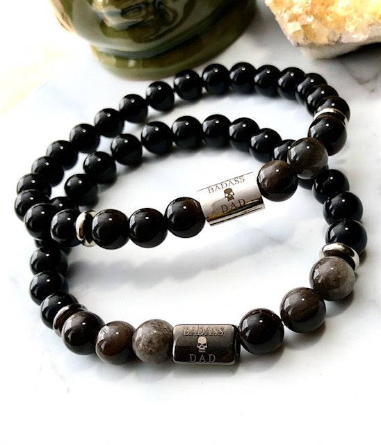 'BADASS DAD' Gemstone & Stainless Steel Bracelet/ Onyx/Silver Obsidian/Dragon Blood Stone/ Choice of Silver or Dark Grey Gunmetal
