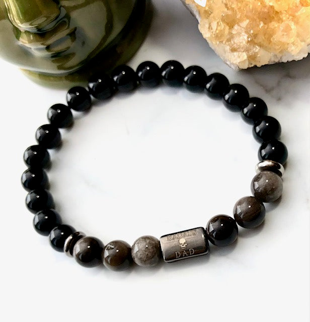 'BADASS DAD' Gemstone & Stainless Steel Bracelet/ Onyx/Silver Obsidian/Dragon Blood Stone/ Choice of Silver or Dark Grey Gunmetal