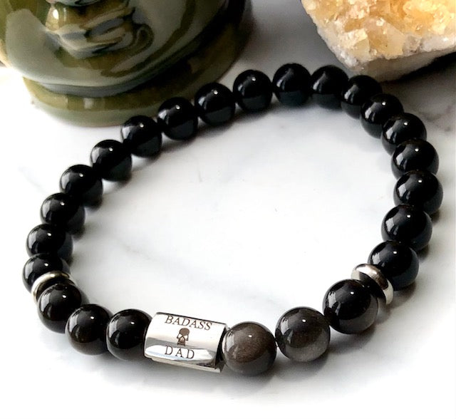 'BADASS DAD' Gemstone & Stainless Steel Bracelet/ Onyx/Silver Obsidian/Dragon Blood Stone/ Choice of Silver or Dark Grey Gunmetal