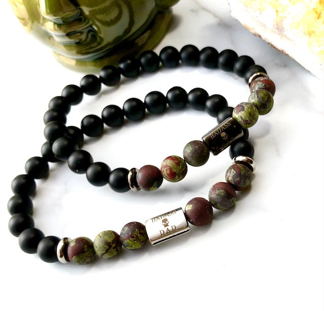 'BADASS DAD' Gemstone & Stainless Steel Bracelet/ Onyx/Silver Obsidian/Dragon Blood Stone/ Choice of Silver or Dark Grey Gunmetal