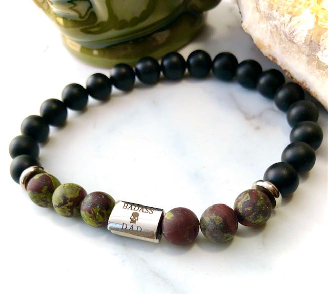 'BADASS DAD' Gemstone & Stainless Steel Bracelet/ Onyx/Silver Obsidian/Dragon Blood Stone/ Choice of Silver or Dark Grey Gunmetal
