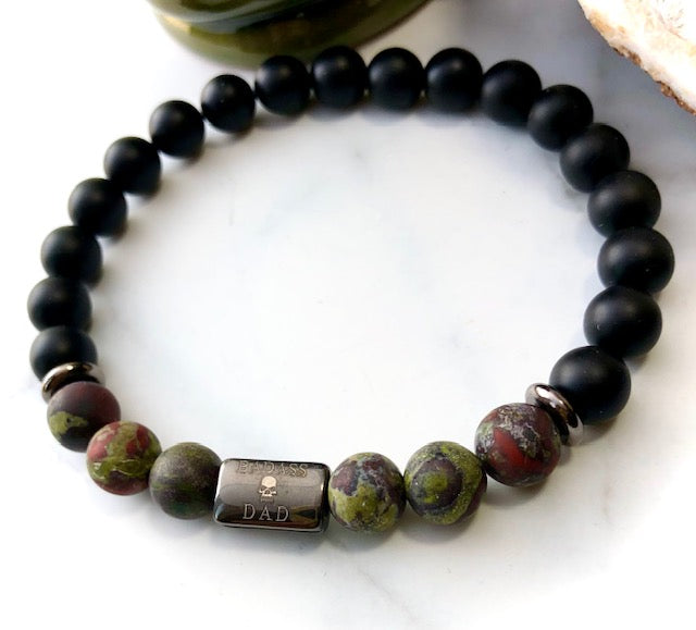 'BADASS DAD' Gemstone & Stainless Steel Bracelet/ Onyx/Silver Obsidian/Dragon Blood Stone/ Choice of Silver or Dark Grey Gunmetal