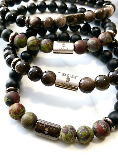 'BADASS DAD' Gemstone & Stainless Steel Bracelet/ Onyx/Silver Obsidian/Dragon Blood Stone/ Choice of Silver or Dark Grey Gunmetal