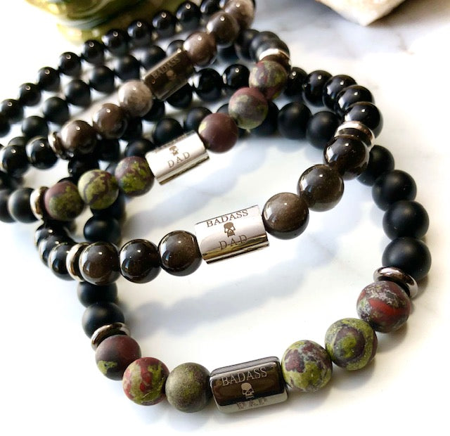 'BADASS DAD' Gemstone & Stainless Steel Bracelet/ Onyx/Silver Obsidian/Dragon Blood Stone/ Choice of Silver or Dark Grey Gunmetal
