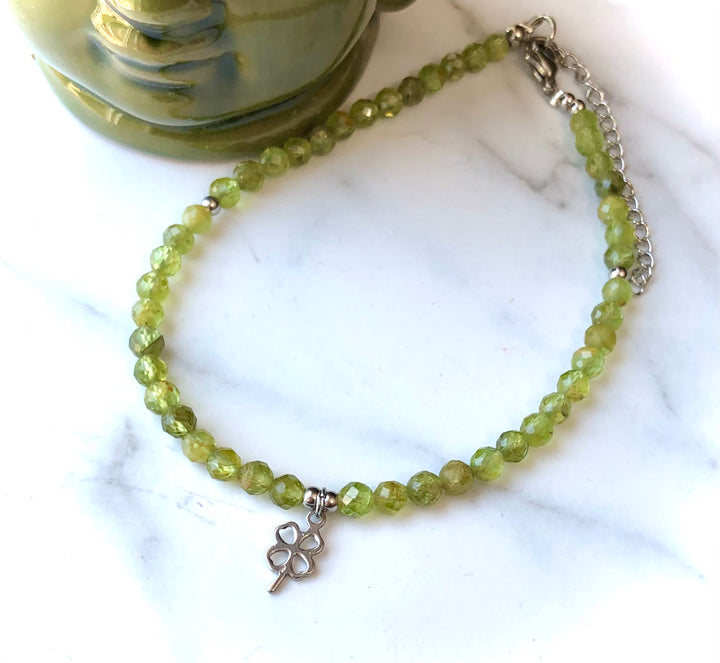 Four Leaf Clover- Peridot Gemstone Beaded Anklet- Ankle Bracelet