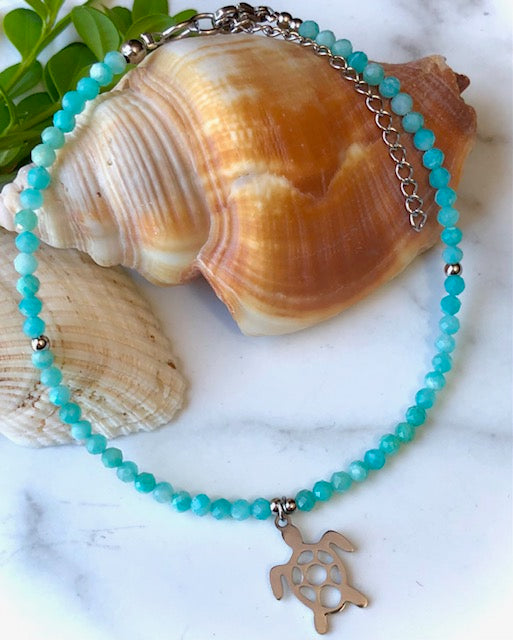 TURTLE CHARM- Amazonite Beaded Anklet- Stainless Steel & Gemstone Ankle Bracelet