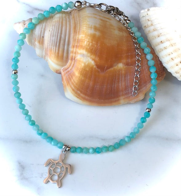 TURTLE CHARM- Amazonite Beaded Anklet- Stainless Steel & Gemstone Ankle Bracelet