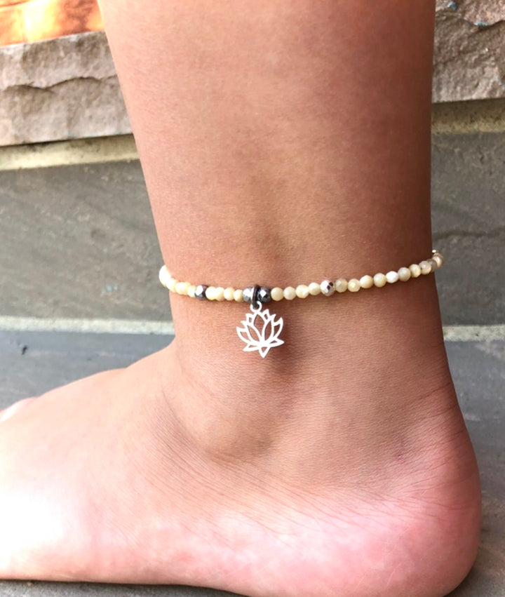 LOTUS Charm-Mother of Pearl & Hematite ANKLET- Beaded Ankle Bracelet