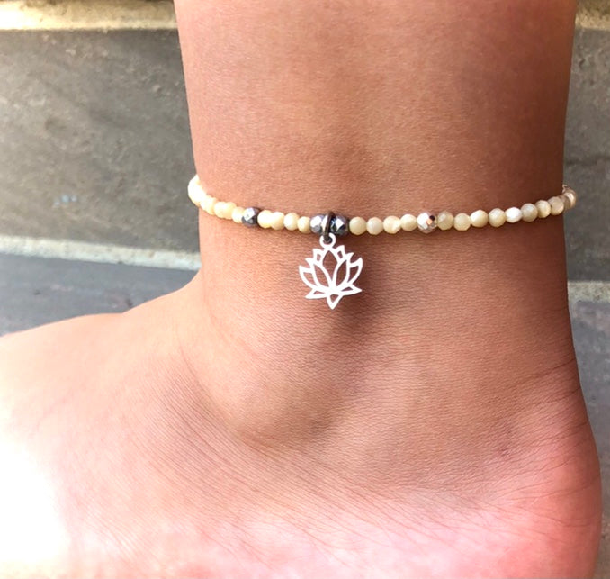 LOTUS Charm-Mother of Pearl & Hematite ANKLET- Beaded Ankle Bracelet
