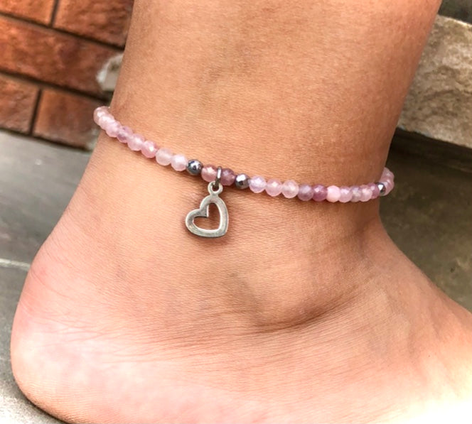 Heart Charm-Rose Quartz & Hematite Beaded Anklet- Summer Ankle Bracelet