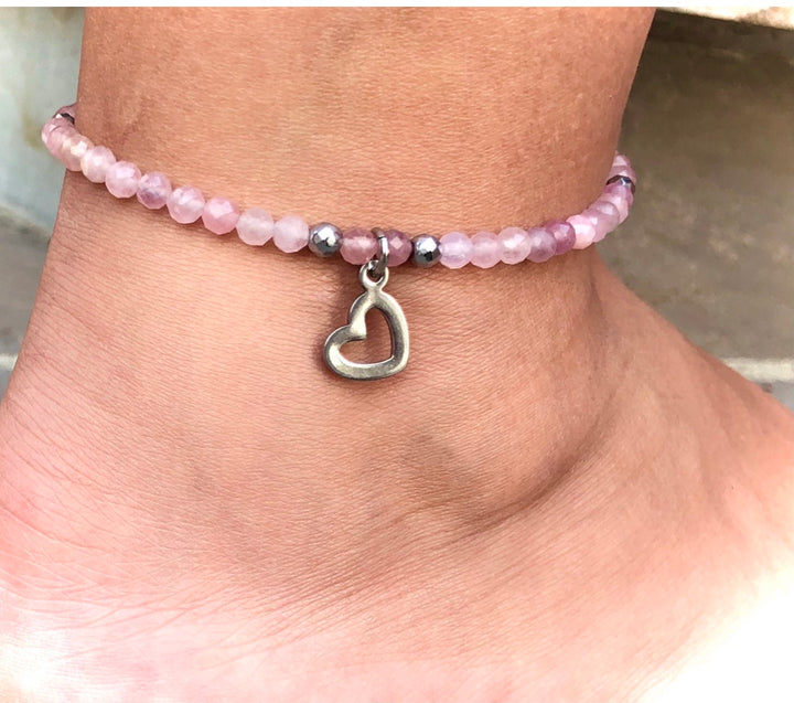 Heart Charm-Rose Quartz & Hematite Beaded Anklet- Summer Ankle Bracelet