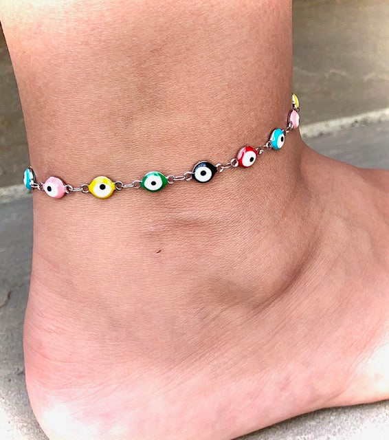 EVIL EYE - STAINLESS STEEL ANKLET- Multi-Color Protection Ankle Bracelet- Turkish Evil Eye