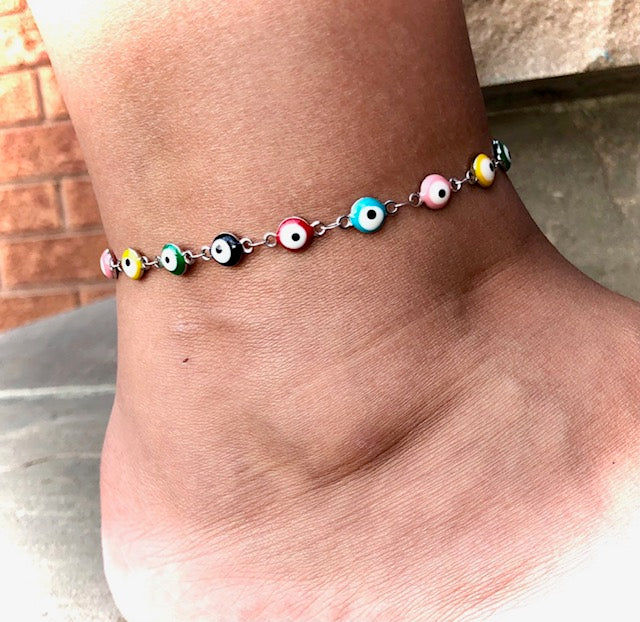 EVIL EYE - STAINLESS STEEL ANKLET- Multi-Color Protection Ankle Bracelet- Turkish Evil Eye