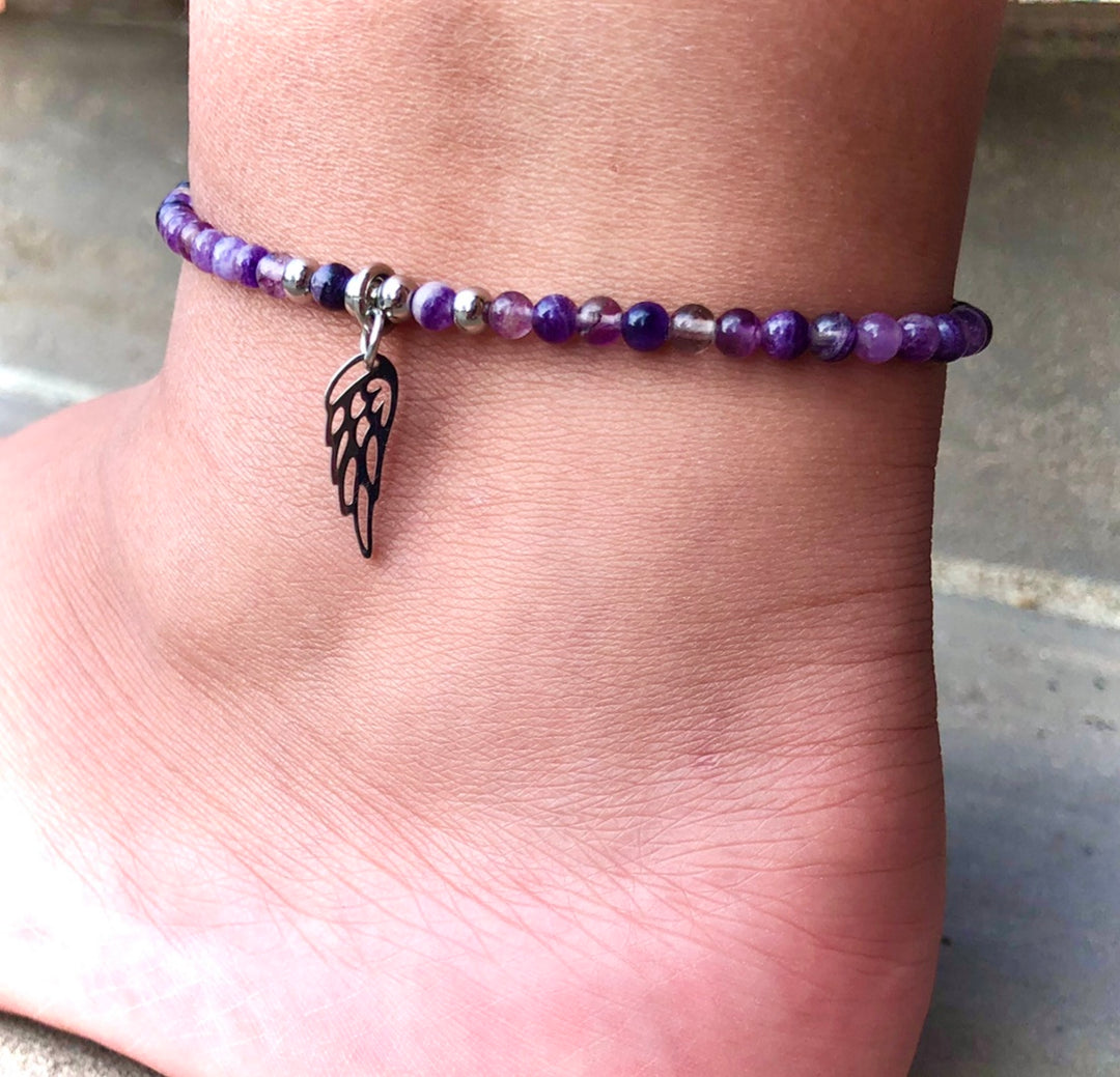 ANGEL WING Charm - Fluorite & Hematite ANKLET- Beaded Ankle Bracelet