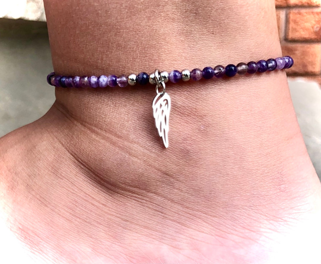 ANGEL WING Charm - Fluorite & Hematite ANKLET- Beaded Ankle Bracelet