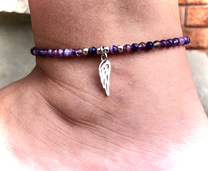 ANGEL WING Charm - Fluorite & Hematite ANKLET- Beaded Ankle Bracelet