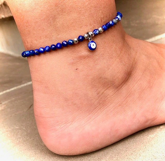 Evil Eye-Lapis Lazuli and Hematite ANKLET- Beaded Ankle Bracelet
