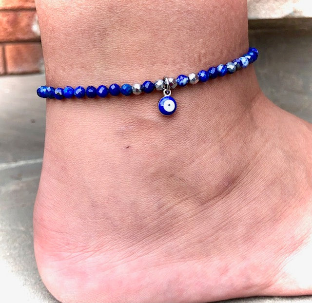 Evil Eye-Lapis Lazuli and Hematite ANKLET- Beaded Ankle Bracelet
