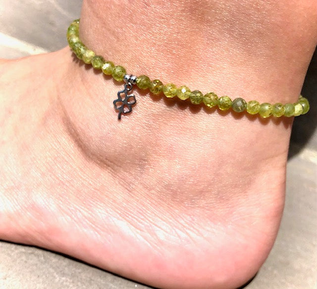 Four Leaf Clover- Peridot Gemstone Beaded Anklet- Ankle Bracelet