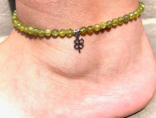 Four Leaf Clover- Peridot Gemstone Beaded Anklet- Ankle Bracelet