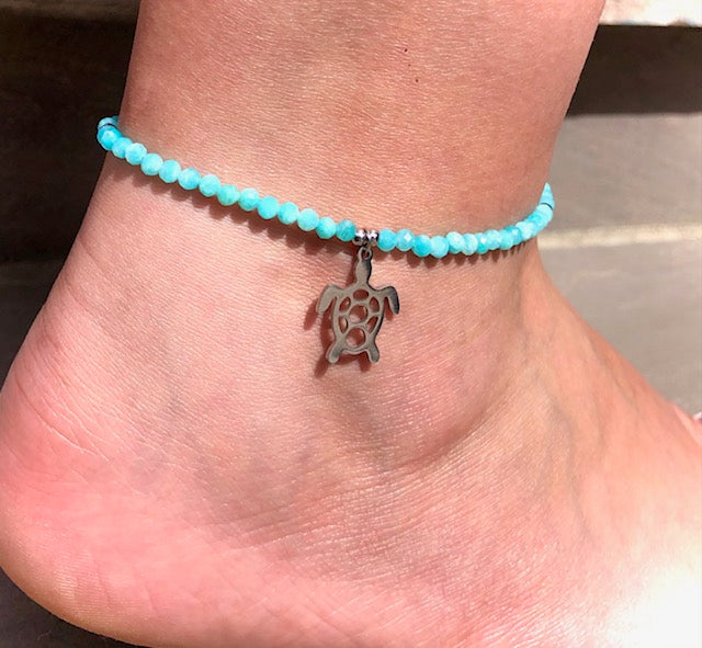 TURTLE CHARM- Amazonite Beaded Anklet- Stainless Steel & Gemstone Ankle Bracelet