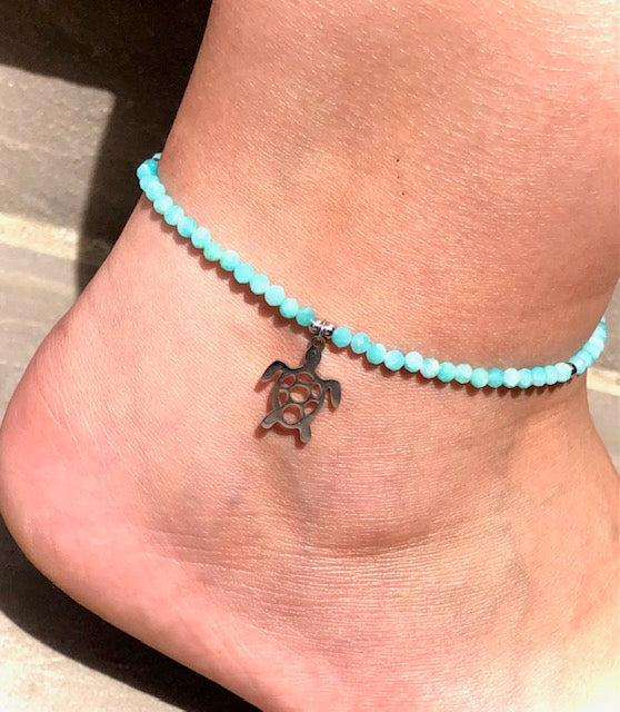 TURTLE CHARM- Amazonite Beaded Anklet- Stainless Steel & Gemstone Ankle Bracelet