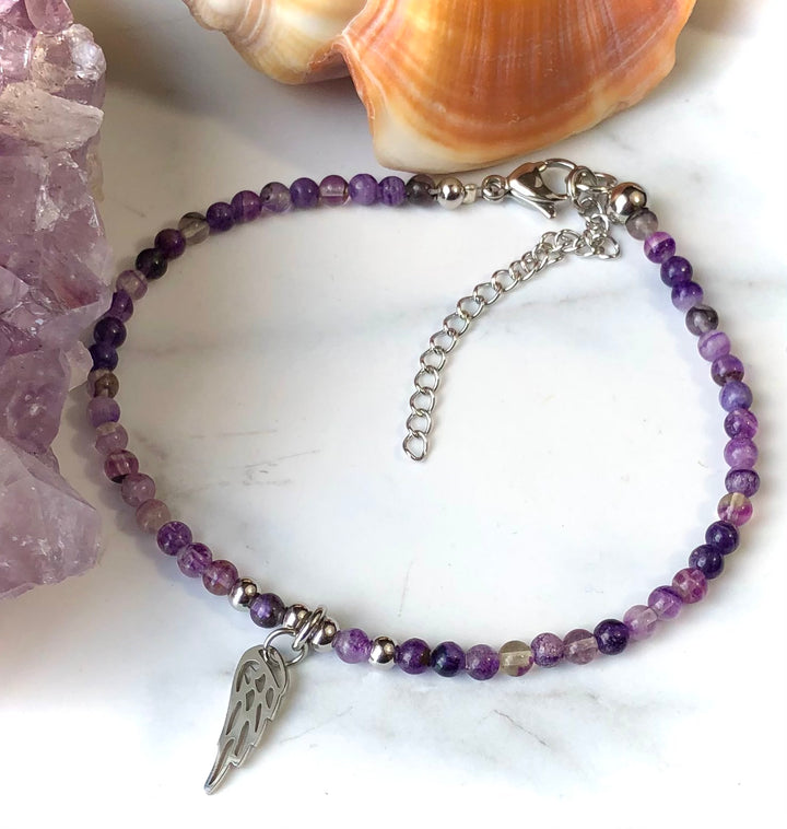 ANGEL WING Charm - Fluorite & Hematite ANKLET- Beaded Ankle Bracelet