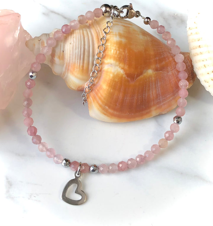Heart Charm-Rose Quartz & Hematite Beaded Anklet- Summer Ankle Bracelet