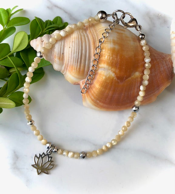 LOTUS Charm-Mother of Pearl & Hematite ANKLET- Beaded Ankle Bracelet