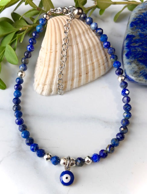 Evil Eye-Lapis Lazuli and Hematite ANKLET- Beaded Ankle Bracelet
