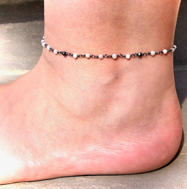 Dainty PYRITE & MOONSTONE-Minimalist- Rosary Chain Gemstone Anklet