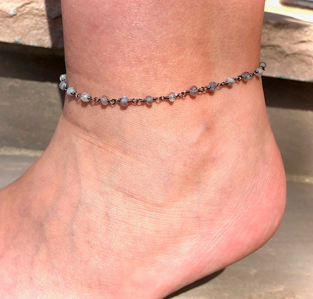 Dainty LABRADORITE-Blue Flash-Minimalist- Rosary Chain Style Anklet