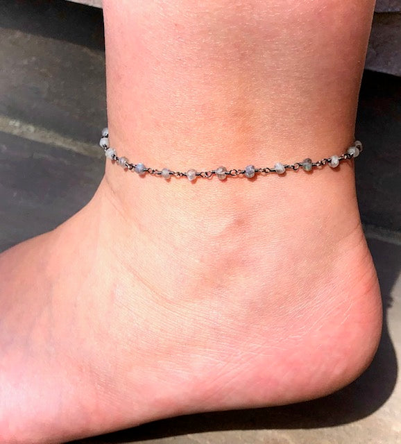 Dainty LABRADORITE-Blue Flash-Minimalist- Rosary Chain Style Anklet