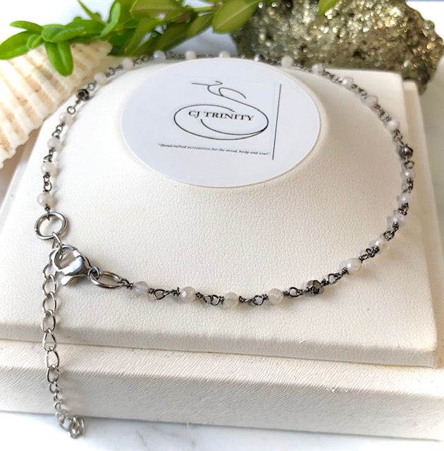 Dainty PYRITE & MOONSTONE-Minimalist- Rosary Chain Gemstone Anklet